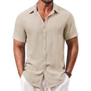 imageCOOFANDY Mens Casual Short Sleeve Button Down Shirts Summer Vacation Shirt Lightweight Textured ShirtsDark Khaki