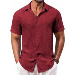 imageCOOFANDY Mens Casual Short Sleeve Button Down Shirts Summer Vacation Shirt Lightweight Textured ShirtsDark Red
