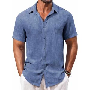 imageCOOFANDY Mens Casual Short Sleeve Button Down Shirts Summer Vacation Shirt Lightweight Textured ShirtsDenim Blue