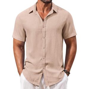 imageCOOFANDY Mens Casual Short Sleeve Button Down Shirts Summer Vacation Shirt Lightweight Textured ShirtsKhaki