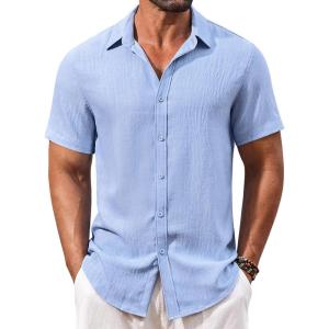 imageCOOFANDY Mens Casual Short Sleeve Button Down Shirts Summer Vacation Shirt Lightweight Textured ShirtsLight Blue