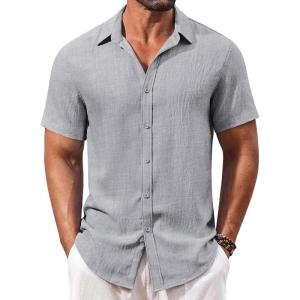 imageCOOFANDY Mens Casual Short Sleeve Button Down Shirts Summer Vacation Shirt Lightweight Textured ShirtsLight Grey