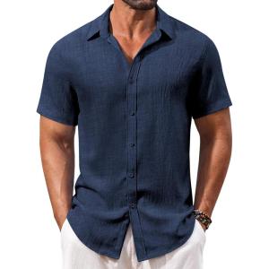 imageCOOFANDY Mens Casual Short Sleeve Button Down Shirts Summer Vacation Shirt Lightweight Textured ShirtsNavy Blue