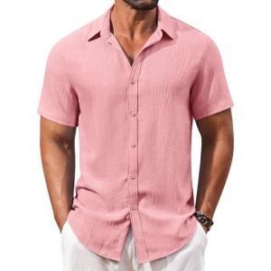 imageCOOFANDY Mens Casual Short Sleeve Button Down Shirts Summer Vacation Shirt Lightweight Textured ShirtsPink