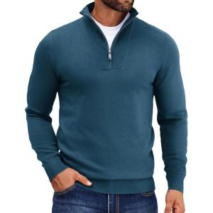 imageCOOFANDY Mens Quarter Zip Pullover Quilted Pullover Casual Knit Long Sleeve Mock Neck Sweater PoloDark Blue