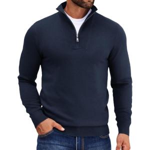 imageCOOFANDY Mens Quarter Zip Pullover Quilted Pullover Casual Knit Long Sleeve Mock Neck Sweater PoloDark Navy Blue