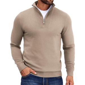 imageCOOFANDY Mens Quarter Zip Pullover Quilted Pullover Casual Knit Long Sleeve Mock Neck Sweater PoloKhaki