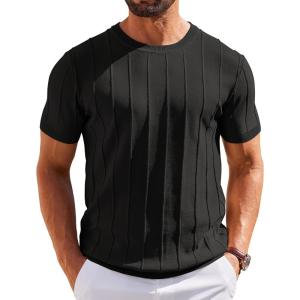imageCOOFANDY Mens T Shirts Short Sleeve Knit Sweater Shirt Casual Crewneck Ribbed Pullover TeesBlack