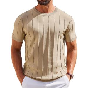 imageCOOFANDY Mens T Shirts Short Sleeve Knit Sweater Shirt Casual Crewneck Ribbed Pullover TeesKhaki