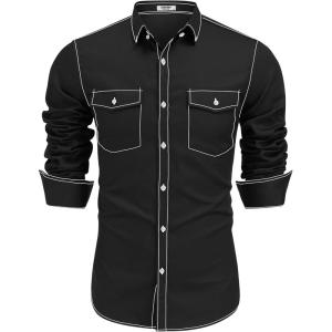 imageCOOFANDY Mens Western Cowboy Shirts Cotton Long Sleeve Shirts with Two Pockets EmbroideredAblack