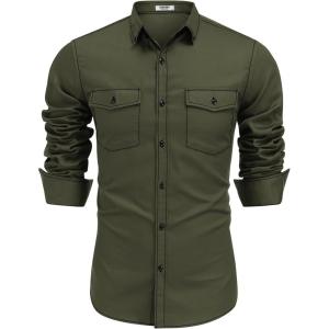 imageCOOFANDY Mens Western Cowboy Shirts Cotton Long Sleeve Shirts with Two Pockets EmbroideredArmy Green