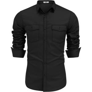 imageCOOFANDY Mens Western Cowboy Shirts Cotton Long Sleeve Shirts with Two Pockets EmbroideredBlack