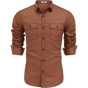 imageCOOFANDY Mens Western Cowboy Shirts Cotton Long Sleeve Shirts with Two Pockets EmbroideredLight Brown