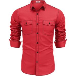 imageCOOFANDY Mens Western Cowboy Shirts Cotton Long Sleeve Shirts with Two Pockets EmbroideredRed