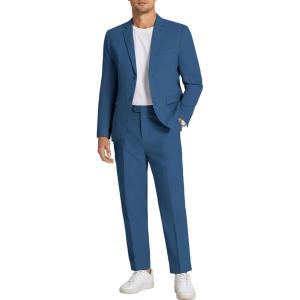imageCOOFANDY Men 2 Piece Linen Suits Set Casual Lightweight Blazer Jacket Regular Fit Suit PantsBlue