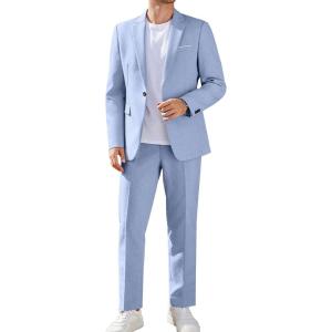 imageCOOFANDY Men Suits Classic Fit 2 Piece Suit Set One Button Casual Blazer Wedding Bussiness Suit SeparatesLight Blue