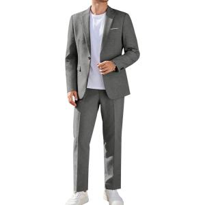 imageCOOFANDY Men Suits Classic Fit 2 Piece Suit Set One Button Casual Blazer Wedding Bussiness Suit SeparatesLinen Gray