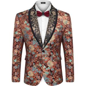 imageCOOFANDY Mens Floral Suit Jacket Shawl Lapel Slim Fit Stylish Blazer Dress Suit Prom Party Wedding BlazerLuxury Brown