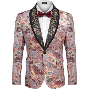 imageCOOFANDY Mens Floral Suit Jacket Shawl Lapel Slim Fit Stylish Blazer Dress Suit Prom Party Wedding BlazerLuxury Pink