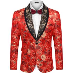 imageCOOFANDY Mens Floral Suit Jacket Shawl Lapel Slim Fit Stylish Blazer Dress Suit Prom Party Wedding BlazerLuxury Red