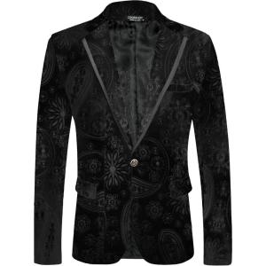 imageCOOFANDY Mens Velvet Blazer Notched Lapel One Button Velour Tuxedo Jacket for Prom Wedding Party DinnerBlack Paisley