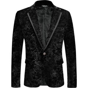 imageCOOFANDY Mens Velvet Blazer Notched Lapel One Button Velour Tuxedo Jacket for Prom Wedding Party DinnerBlack Retro Floral