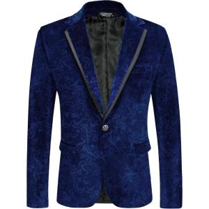 imageCOOFANDY Mens Velvet Blazer Notched Lapel One Button Velour Tuxedo Jacket for Prom Wedding Party DinnerBlue Retro Floral