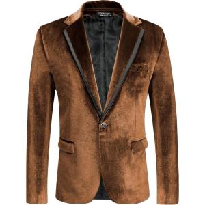 imageCOOFANDY Mens Velvet Blazer Notched Lapel One Button Velour Tuxedo Jacket for Prom Wedding Party DinnerBrown