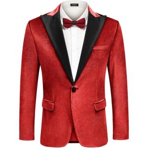 imageCOOFANDY Mens Wedding Tuxedo Jacket Slim Fit Velvet Blazer One Button Suit Jacket for Prom Dinner PartyRed