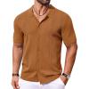 imageCOOFANDY Mens Knit Button Down Shirt Short Sleeve Cuban Guayabera Shirts Casual Textured Polo Summer TopsCaramel