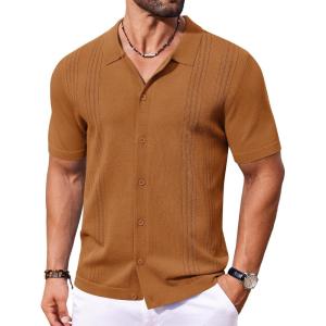 imageCOOFANDY Mens Knit Button Down Shirt Short Sleeve Cuban Guayabera Shirts Casual Textured Polo Summer TopsCaramel