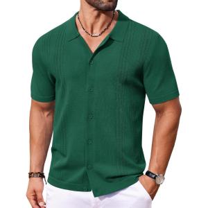 imageCOOFANDY Mens Knit Button Down Shirt Short Sleeve Cuban Guayabera Shirts Casual Textured Polo Summer TopsEver Green
