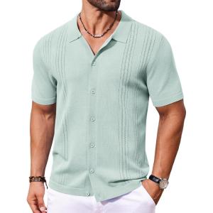 imageCOOFANDY Mens Knit Button Down Shirt Short Sleeve Cuban Guayabera Shirts Casual Textured Polo Summer TopsGreen