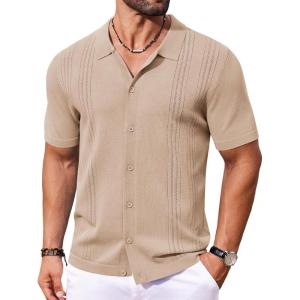 imageCOOFANDY Mens Knit Button Down Shirt Short Sleeve Cuban Guayabera Shirts Casual Textured Polo Summer TopsKhaki