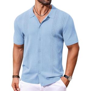 imageCOOFANDY Mens Knit Button Down Shirt Short Sleeve Cuban Guayabera Shirts Casual Textured Polo Summer TopsLight Blue