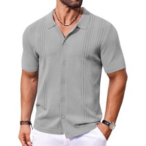 imageCOOFANDY Mens Knit Button Down Shirt Short Sleeve Cuban Guayabera Shirts Casual Textured Polo Summer TopsLight Gray