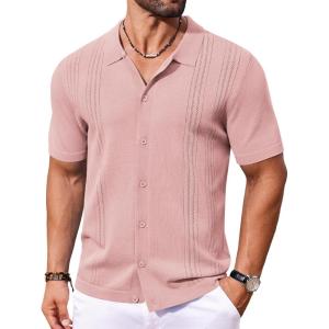 imageCOOFANDY Mens Knit Button Down Shirt Short Sleeve Cuban Guayabera Shirts Casual Textured Polo Summer TopsPink