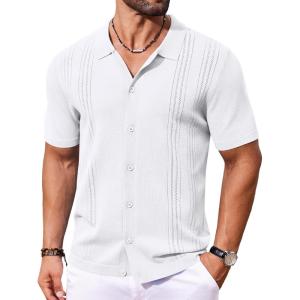 imageCOOFANDY Mens Knit Button Down Shirt Short Sleeve Cuban Guayabera Shirts Casual Textured Polo Summer TopsWhite