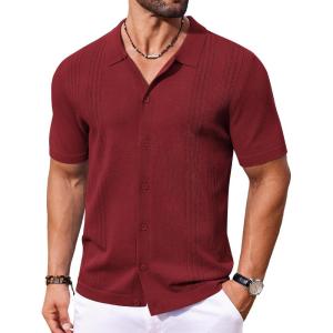 imageCOOFANDY Mens Knit Button Down Shirt Short Sleeve Cuban Guayabera Shirts Casual Textured Polo Summer TopsWine Red