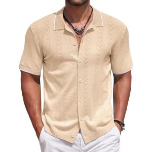 imageCOOFANDY Mens Knit Polo Shirts Button Down Short Sleeve Shirt Summer Casual Beach Vacation TopsBeige
