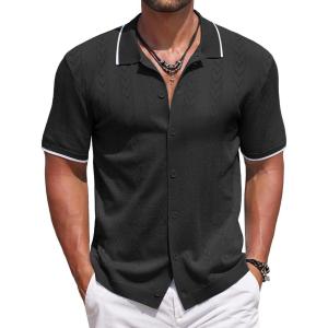 imageCOOFANDY Mens Knit Polo Shirts Button Down Short Sleeve Shirt Summer Casual Beach Vacation TopsBlack