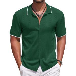 imageCOOFANDY Mens Knit Polo Shirts Button Down Short Sleeve Shirt Summer Casual Beach Vacation TopsDark Green