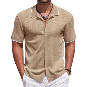imageCOOFANDY Mens Knit Polo Shirts Button Down Short Sleeve Shirt Summer Casual Beach Vacation TopsKhaki