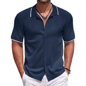 imageCOOFANDY Mens Knit Polo Shirts Button Down Short Sleeve Shirt Summer Casual Beach Vacation TopsNavy Blue