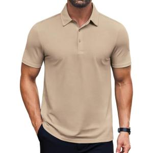 imageCOOFANDY Mens Polo Shirts Short Sleeve Slim Fit Casual Solid Basic Golf Shirt Collared TShirtKhaki