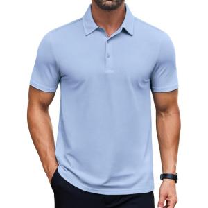 imageCOOFANDY Mens Polo Shirts Short Sleeve Slim Fit Casual Solid Basic Golf Shirt Collared TShirtLight Blue