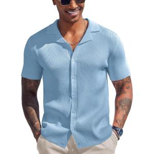 imageCOOFANDY Mens Knit Button Down Shirt Short Sleeve Polo Sweater Summer Casual Shirts Cuban Beach TopsLight Blue