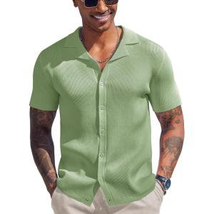 imageCOOFANDY Mens Knit Button Down Shirt Short Sleeve Polo Sweater Summer Casual Shirts Cuban Beach TopsLight Green