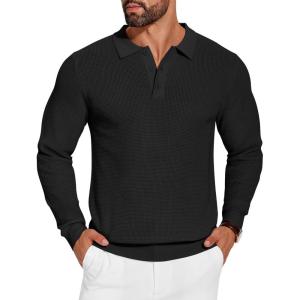 imageCOOFANDY Mens Knit Polo Shirts Long Sleeve Sweater Casual Waffle Textured Collared Polo Sweater01black