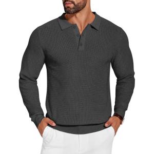 imageCOOFANDY Mens Knit Polo Shirts Long Sleeve Sweater Casual Waffle Textured Collared Polo SweaterDark Grey